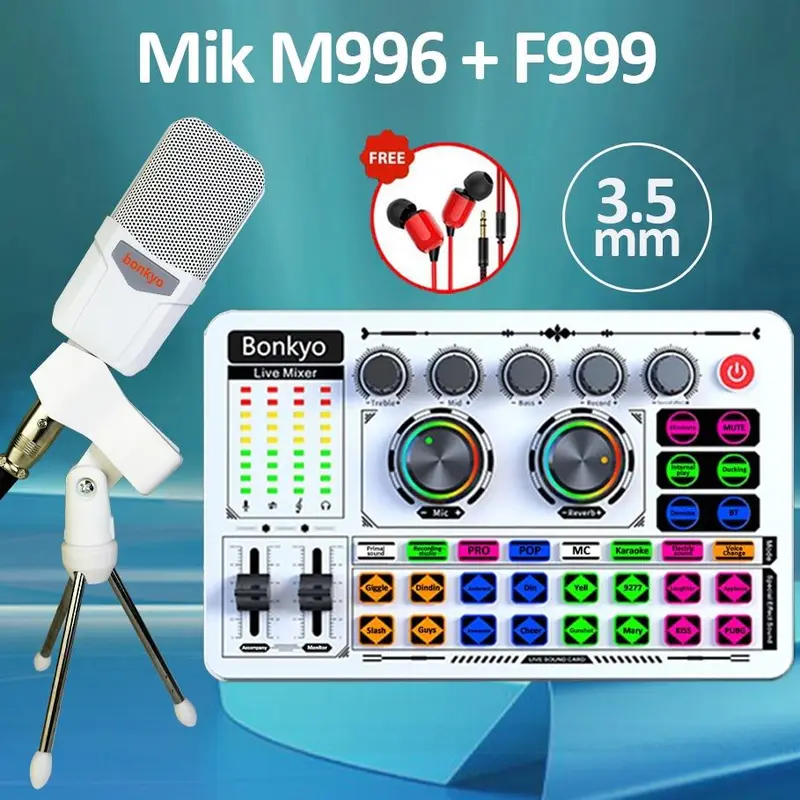 Bonkyo F999 Live Sound Card & Mik M996 Set Soundcard Digital DSP 5.1 Channel Surround Mikrofon Metal Pengurangan Kebisingan dan Efek Suara Khusus untuk Siaran Langsung Karaoke HP PC Mac - Colokan, Mic
