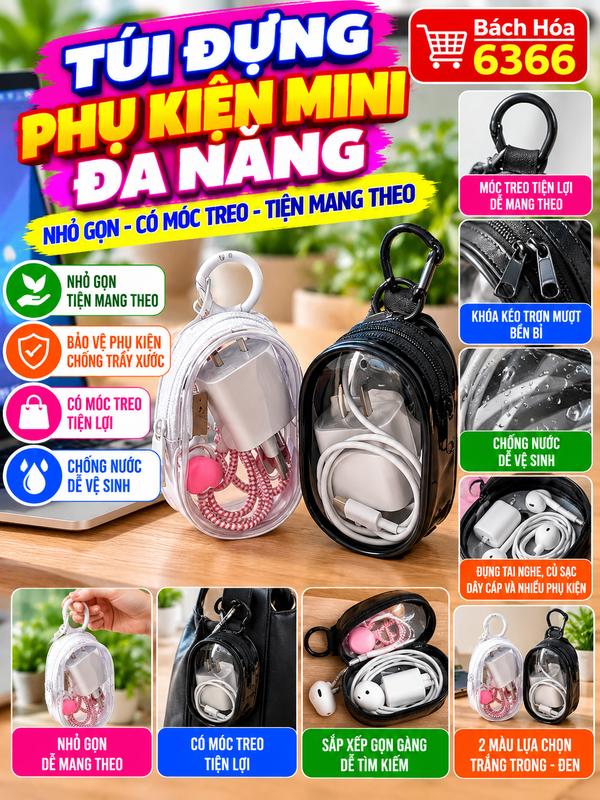 Túi Đựng Cáp Sạc Phụ Kiện Điện Tử Nhỏ Gọn, Trong Suốt, Có Khóa Kéo Và Móc Treo