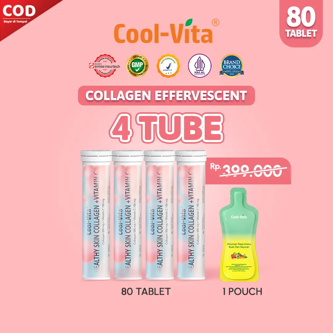 [FS - 80+1] 80 Tablet (4 Tube) Coolvita Collagen Effervescent (1 Tube @20 Tablet) + 1 Pouch Minuman Buah dan Sayuran