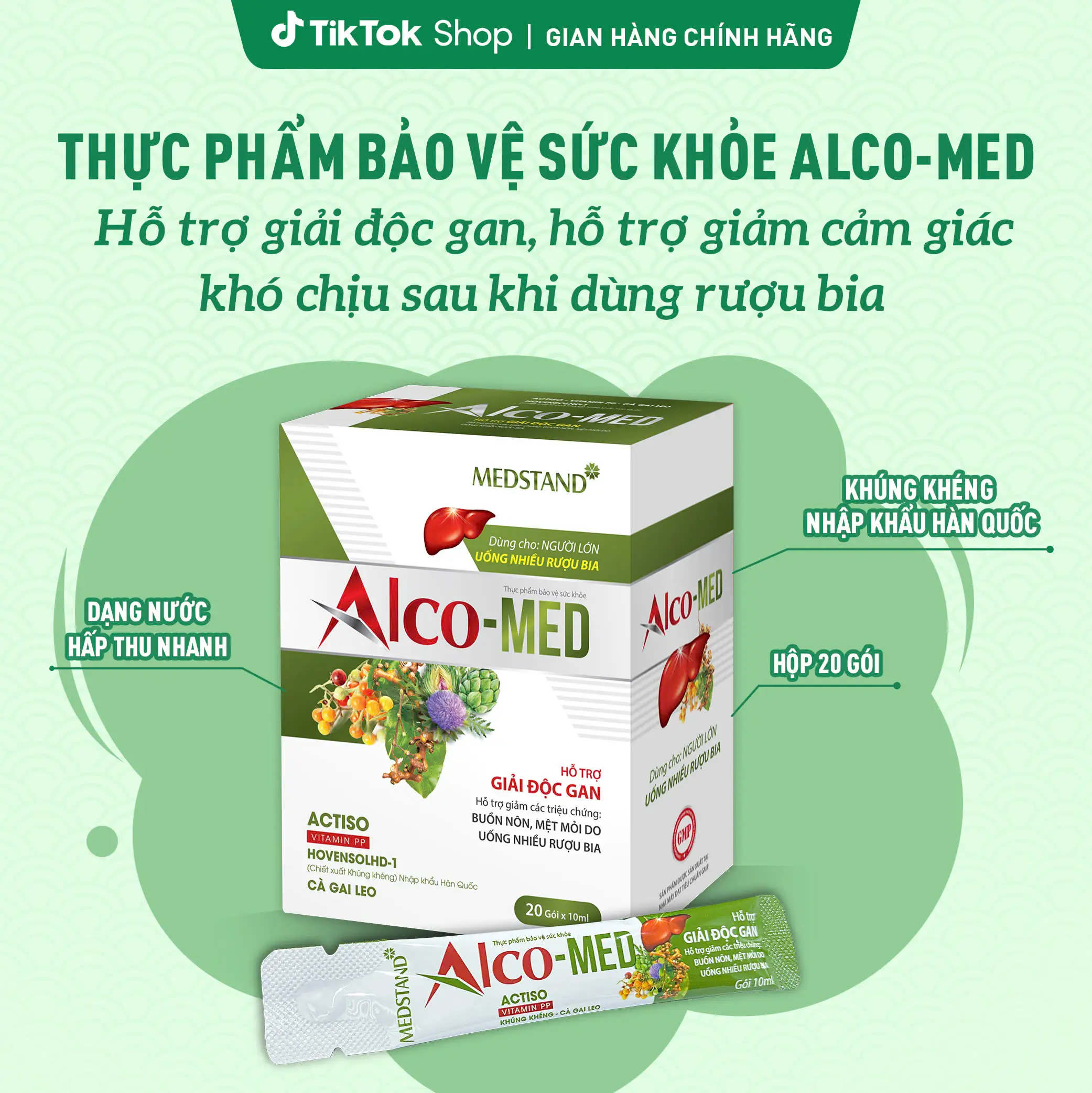 [Bán chạy] Hộp 20 Gói uống Alco-MED - Hỗ trợ giải độc gan, hỗ trợ giảm khó chịu do dùng bia rượu (hộp 20 gói x 10ml)