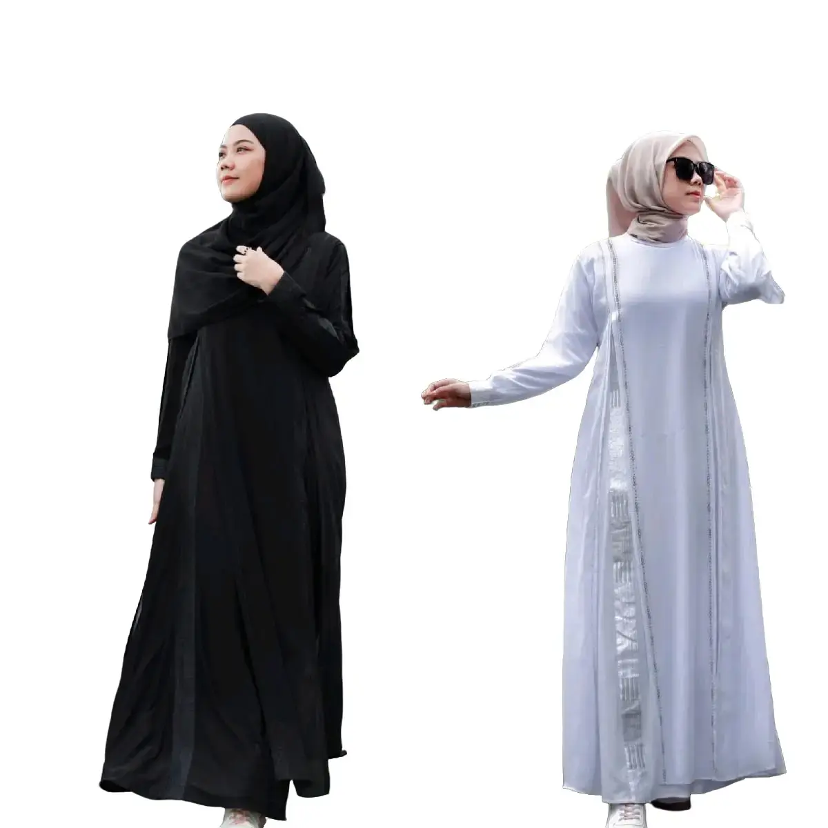 ABAYA SANGHAI Hitam Polos terbaru elegan Gamis Muslim Wanita Bordir Ceruty Kombinasi Mutiara Arab Mewah Turki