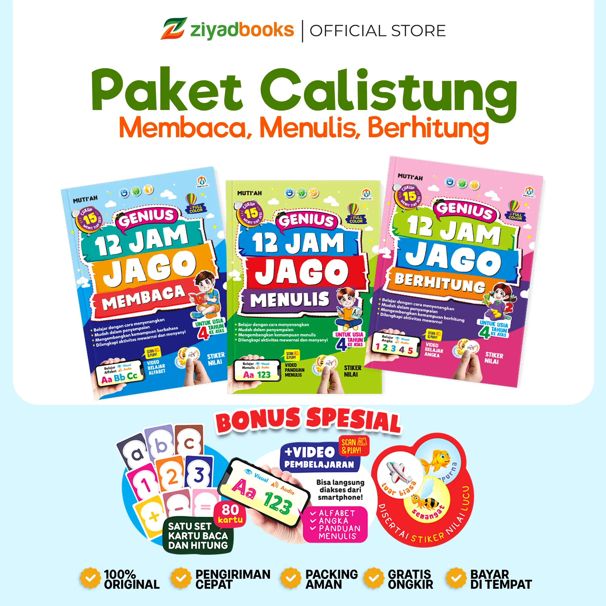 Paket Buku Edukasi Anak - Membaca Menulis Berhitung Paket Calistung + Bonus Kartu, Video & Stiker