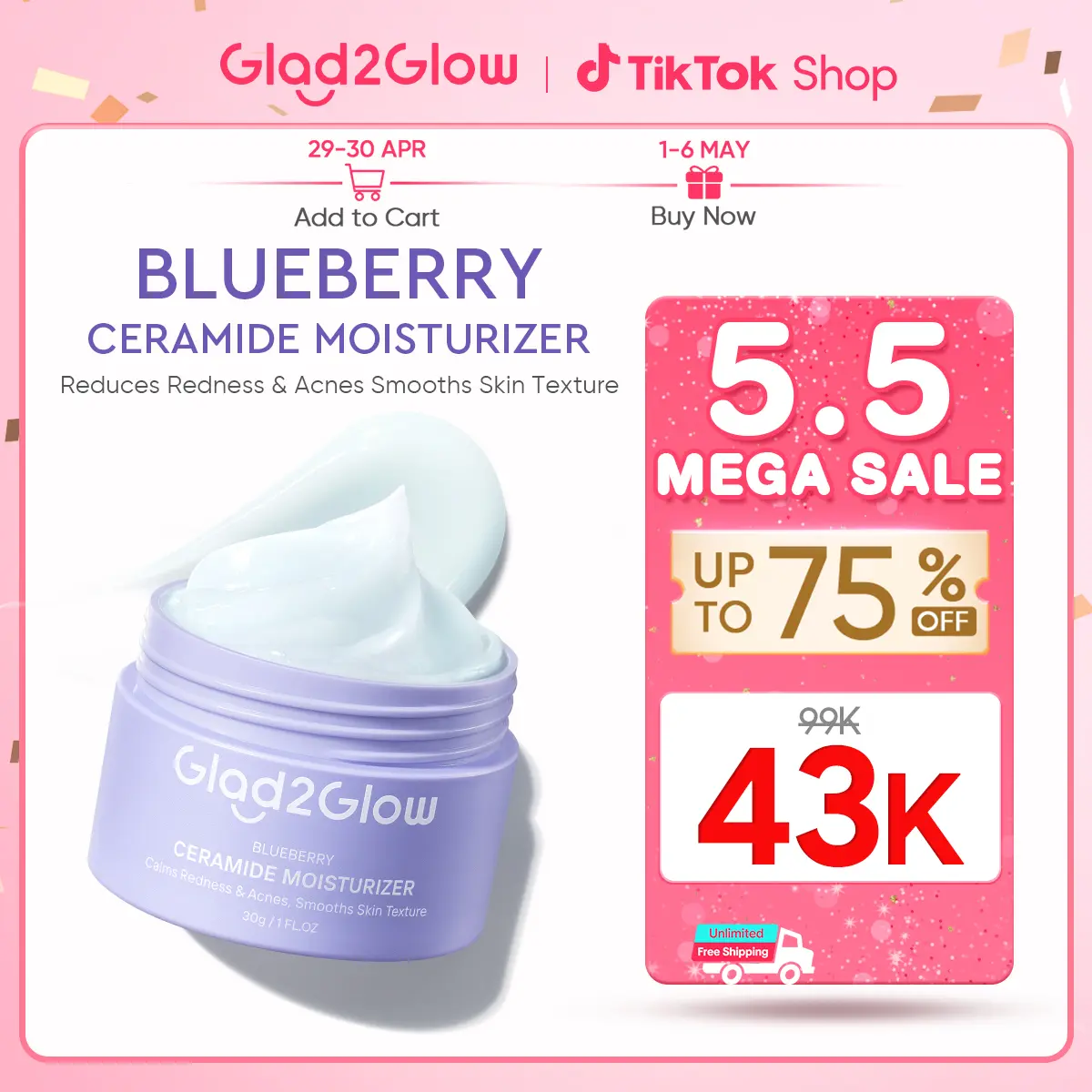 Glad2Glow Blueberry Ceramide Barrier Repair Moisturizer 25g | Pelembab Wajah Facial Moisturizer Day Cream Night Cream Extract Cooling Glowing Memberikan merawat jerawat