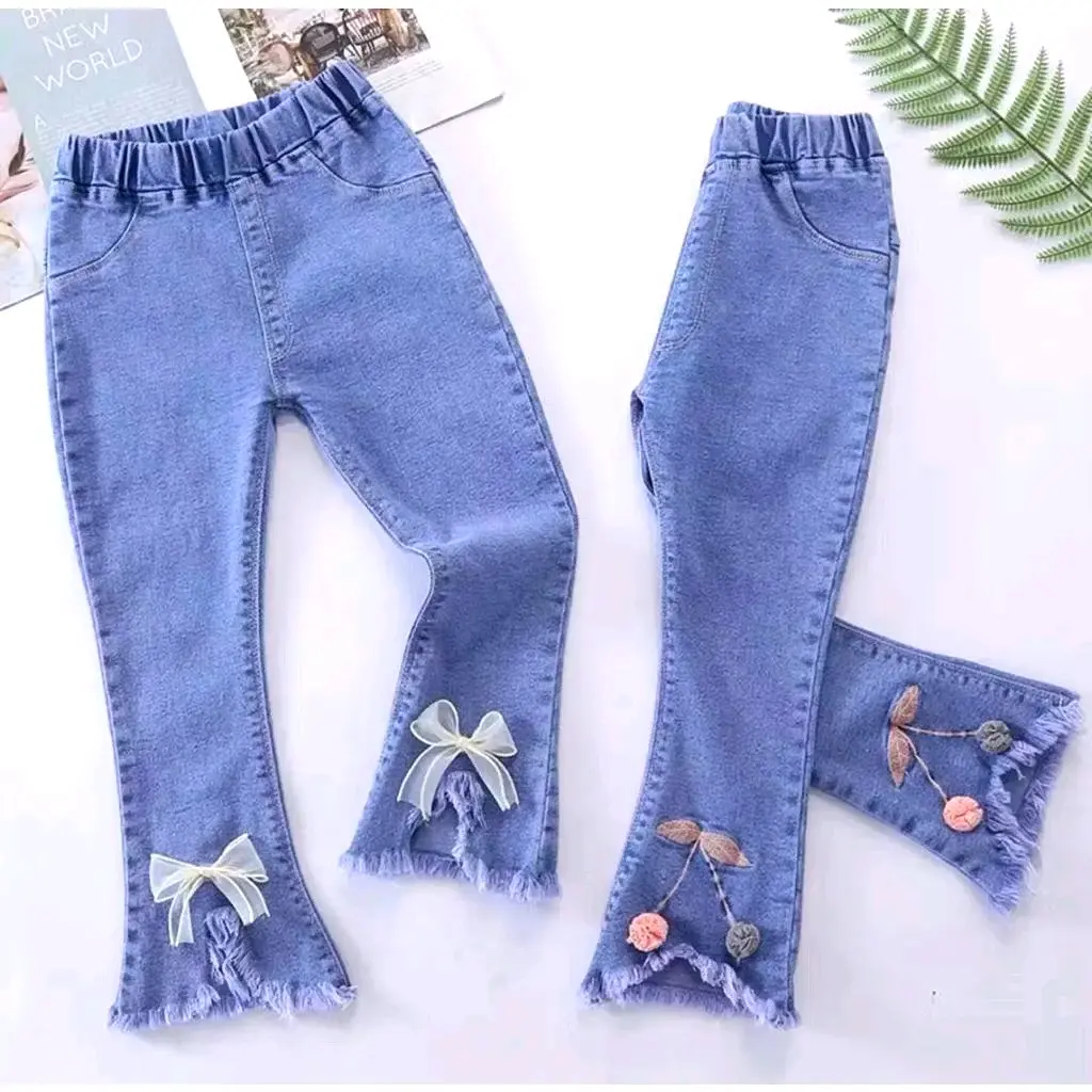 Celana Jeans Anak Perempuan Import Model Super Cantik dengan Motif Hidup - Ukuran 1-10 Tahun Denim