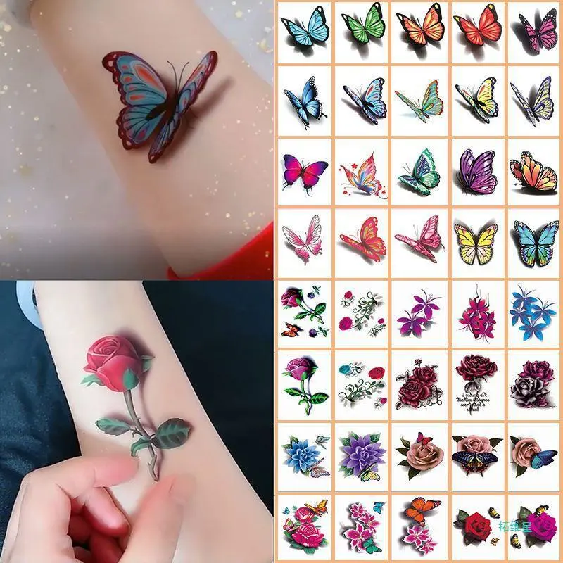 20pcs Exquisite Butterfly Rose Flower 3D Tattoo Sticker Body Clavicle Ankles Waterproof Long-lasting Temporary Stickers Accessories Color