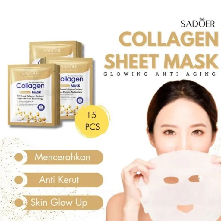 Paket 15 PCS Masker Kolagen SADOER Wajah Masker Perawatan Wajah Mencerahkan Memutihkan Mengencangkan Muka