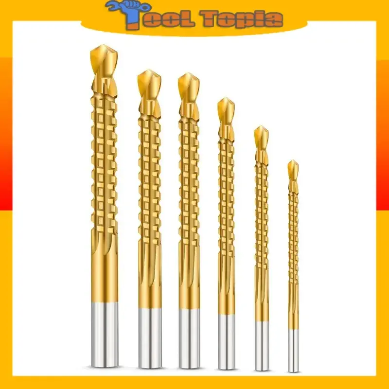 ToolTopia | Set of Six - Multi-Function High-Speed Steel Sawtooth Twist Drill Bits for Woodworking, Alloy Spiral Flute Drill Bits for Hole Drilling and Grooving, 135° Design, Suitable for Processing Thin Materials