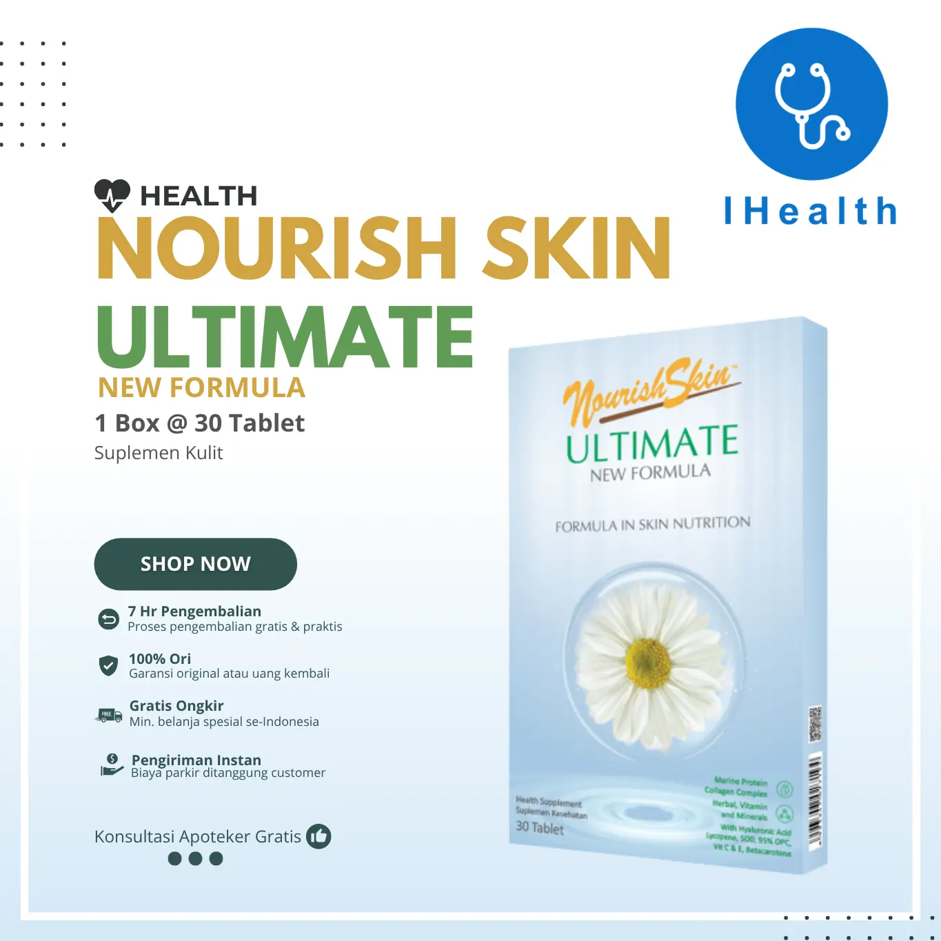 Nourish Skin Ultimate New Formula 30 Tablet /Melembabkan Kulit / Mencerahkan Kulit / Suplemen Anti Aging
