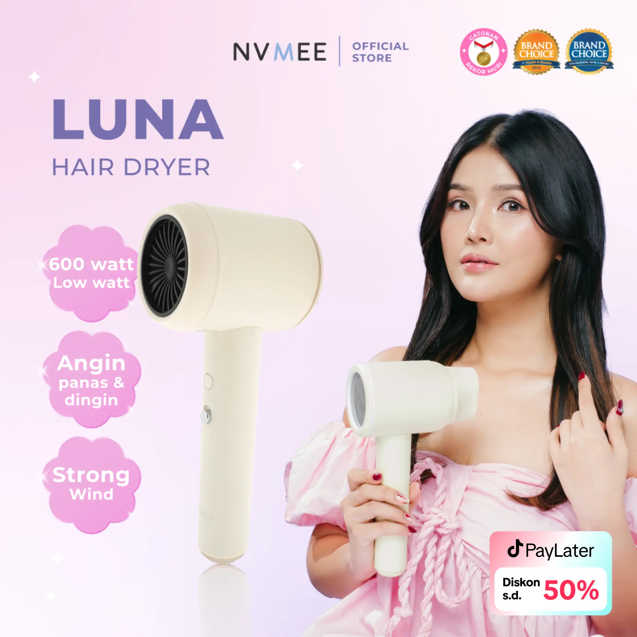 NVMEE - LUNA Hair Dryer Low Watt Pengering Rambut Recomended Daya Rendah dengan Angin Kuat & Desain Minimalis