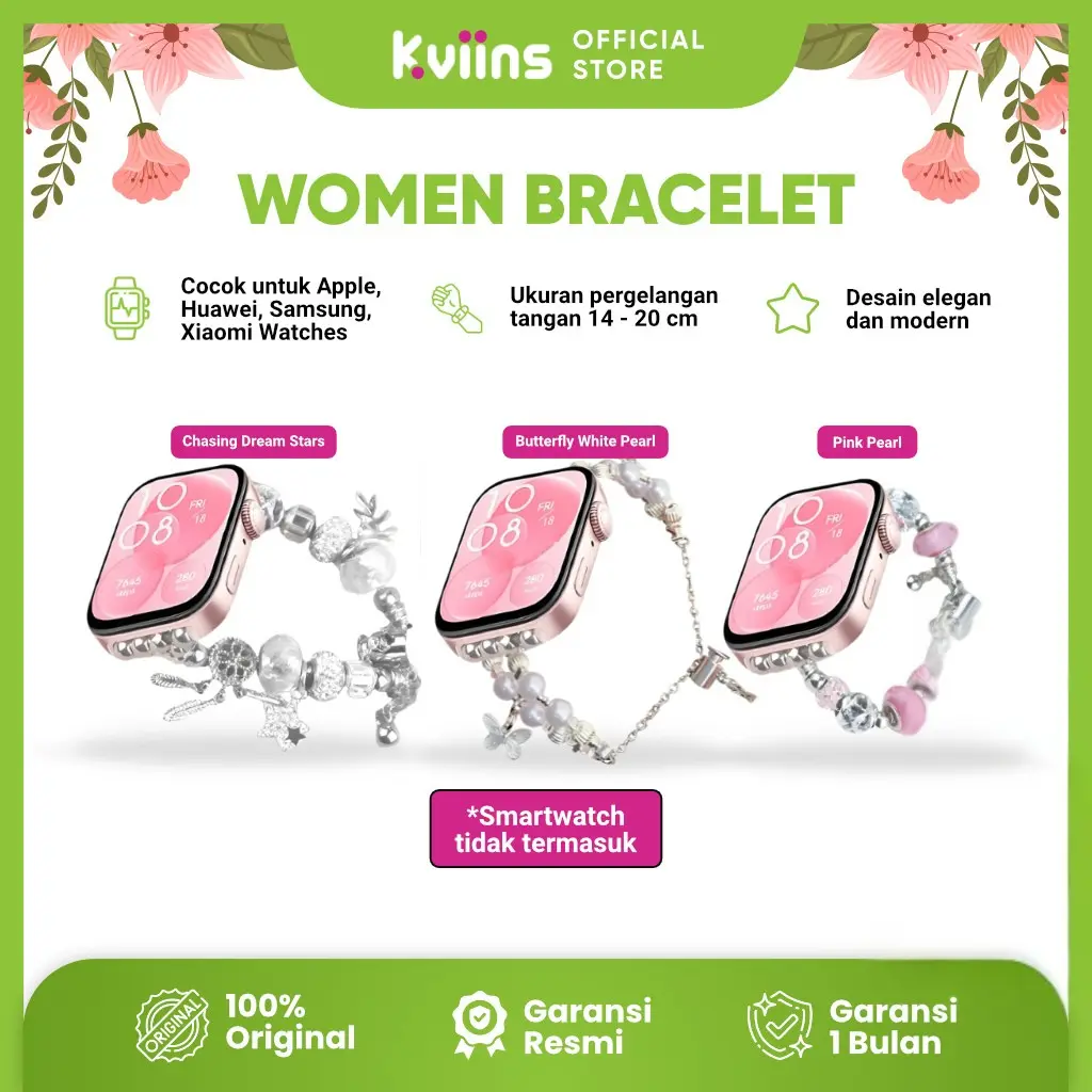Kviins Gelang Tali Jam Elegan | Kompatibel Huawei Band 8/9, Samsung Fit 3, iWatch & Xiaomi | Bahan Premium - Keramik, Mutiara, Lapisan Pelapis | Desain Modern - Pink Pearl, Butterfly White Pearl, Ceramic Cat | Panjang Adjustable 14-20cm | Mudah Dipasang