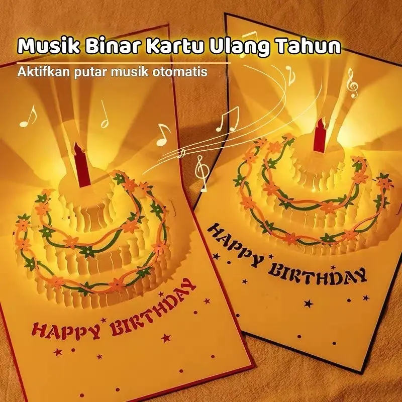 【Bisa COD】Kartu Ucapan Pop Up 3D Happy Birthday Card /Ada Lampu Dan Musik / Tulisan Happy Birthday Dengan Amplop