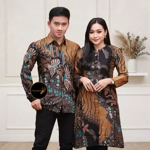 Couple Batik Atasan Tunik Panjang Bahan Kain Katun Halus Motif Tarung Kunyit Batik Muslim Kekinian
