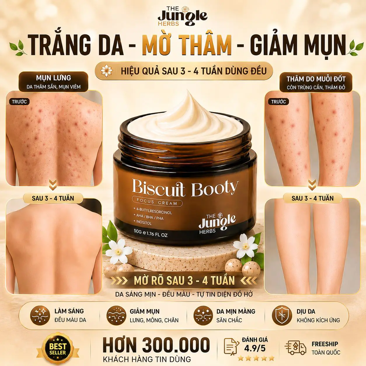 Kem hỗ trợ mờ THÂM, giảm MỤN vòng 3, nách, bẹn, giảm CHAI SẦN, giúp da MỀM MỊN Biscuit Booty - THE JUNGLE HERBS [CÓ CHE TÊN]