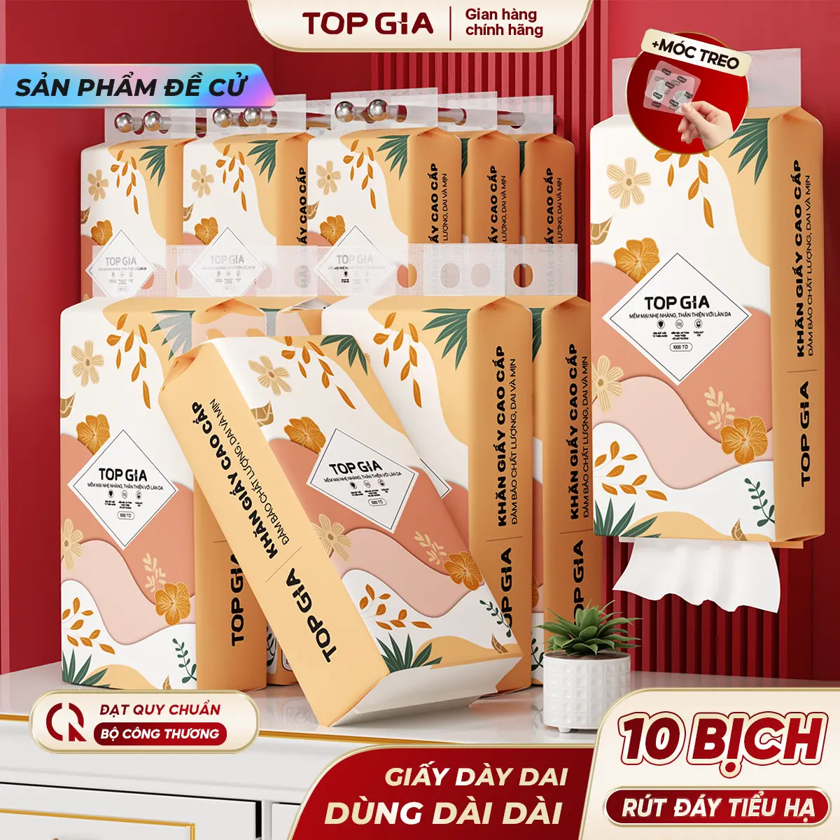 (SIÊU MỀM MỊN - TIẾT KIỆM) Thùng 10 Bịch Khăn Giấy Rút Đáy Tiểu Hạ TOP GIA 4 Lớp Mềm Mịn, Thành Phần Bột Gỗ Tự Nhiên Thân Thiện An Toàn, Khăn Giấy Vệ Sinh 1000 tờ,4 lớp Tặng 3 móc treo tiện lợi Giấy Vệ Sinh giấy rút  ĐẠT QUY CHUẨN CỦA BỘ CÔNG THƯƠNG VTG86