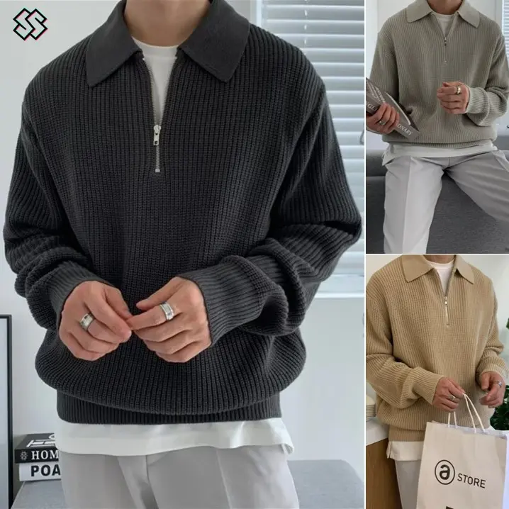 COD Half-zip Knitwear For Men Japanese Korean Style Retro High-quality High-elastic Stand-up Collar Sweater Loose Smart Casual Sweater Jacket Black/Grey/Khaki