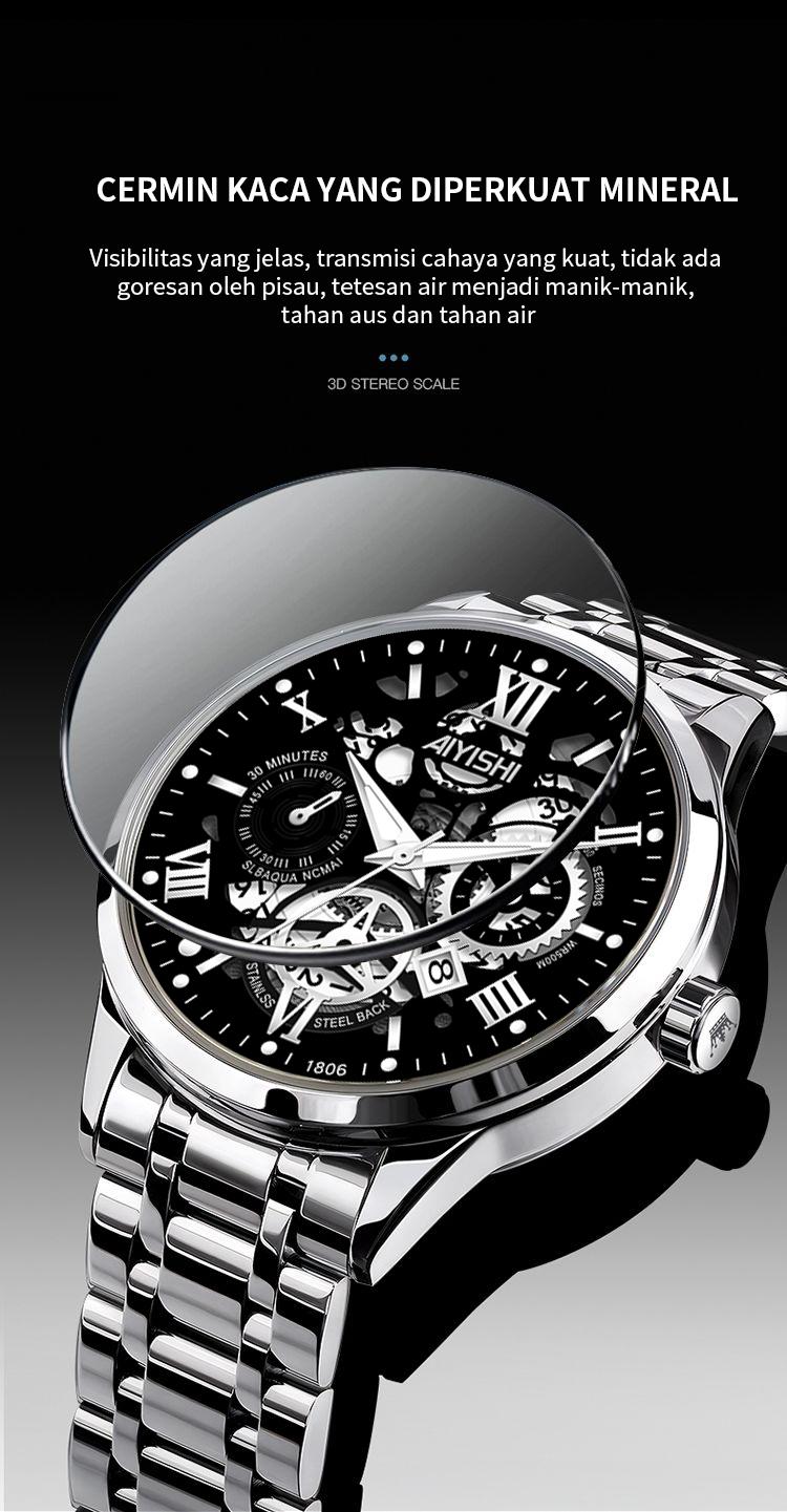 Jam Tangan Pria AIYISHI Tipe Olahraga Multi-Fungsi dengan Mesin Kuarsa Otomatis, Kaca Jam Warna Hitam, Bahan Stainless Steel, Tahan Air 30 Meter, Garansi 2 Tahun-1806