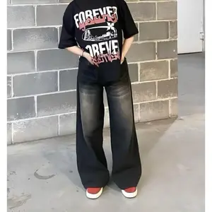 (UNISEX) Celana Jeans Baggy Gombrong Cowok Cewek Highwaist Kulot Jeans Pria Wanita Loose Retro Celana Jeans Panjang Denim Cowok Cewek Santai non Stretch wide leg jeans Hitam Keren Casual