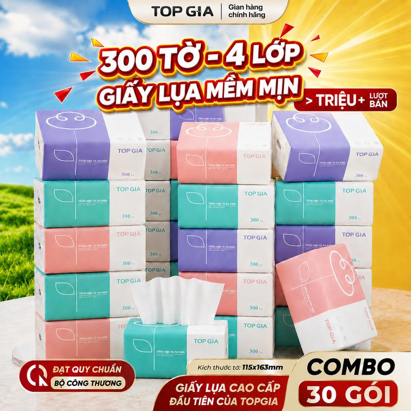 [300 TỜ/4 LỚP - GIẤY LỤA MỀM MỊN] Thùng 30 Gói Giấy 3 Màu TOPGIA - ĐANH DAI , MỀM MỊN NHƯ LỤA , 300 TỜ x 4 LỚP chính hãng - Giấy rút để bàn 4 lớp mềm mại - giấy ăn cao cấp Đạt Chuẩn Bộ Công Thương Top Gia Hà Nội VTG38