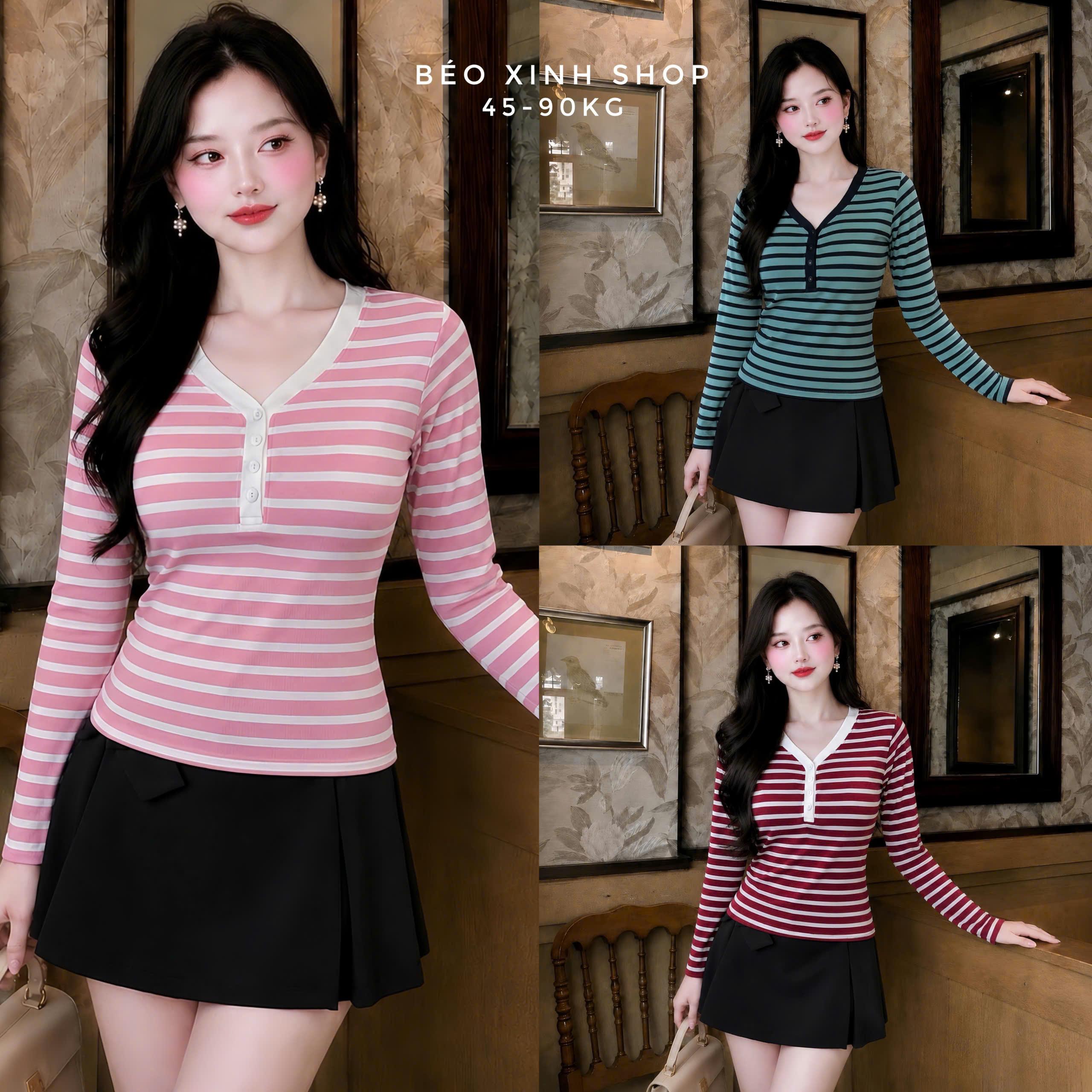 Áo Sọc Nữ Bigsize Cổ V Phối Nút Tay Dài – Form Tôn Dáng 45–90kg Béo Xinh Shop - B.1892