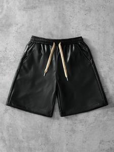 メンズ レザーショートパンツ（巾着型ウエスト、巾着型デザイン）、カジュアルファッションアイテム、夫または彼氏へのギフトに最適