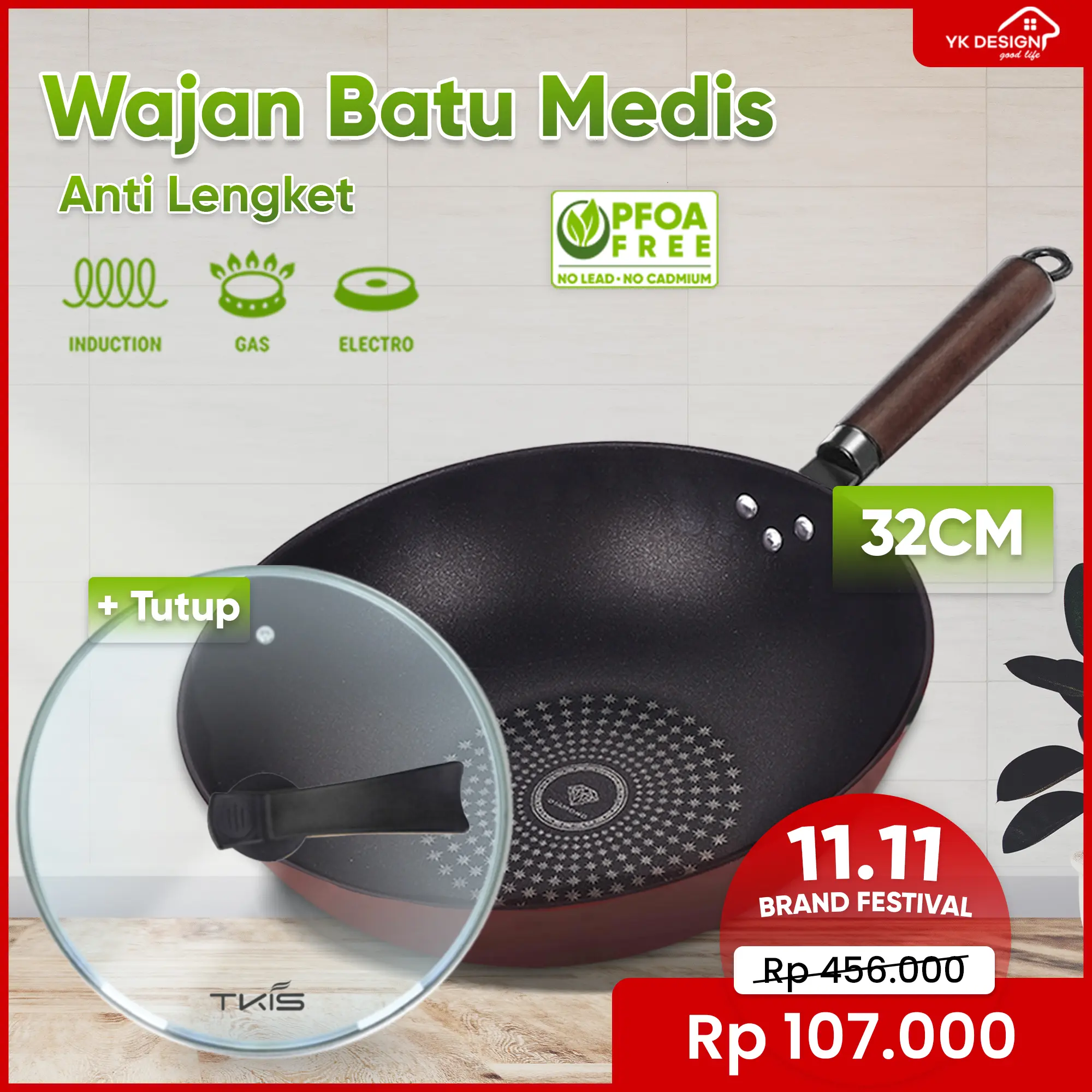 TKIS By YK DESIGN Wajan Penggorengan Anti lengket Bahan Batu Medis Model Diamond Maron Ukuran 32 CM TK - 826 Marble Panci Kitchenware