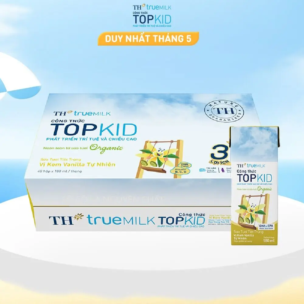 Thùng 48 hộp sữa tươi tiệt trùng TH true MILK TOPKID Organic vị kem vanilla tự nhiên 180 ml (180 ml x 48)