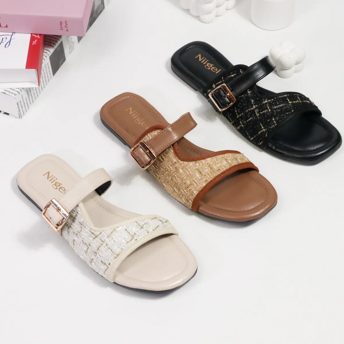 Niigel - Dea Sandal Flat Wanita Kekinian Hitam Cream Mocca Tanpa Halk Sendal teplek