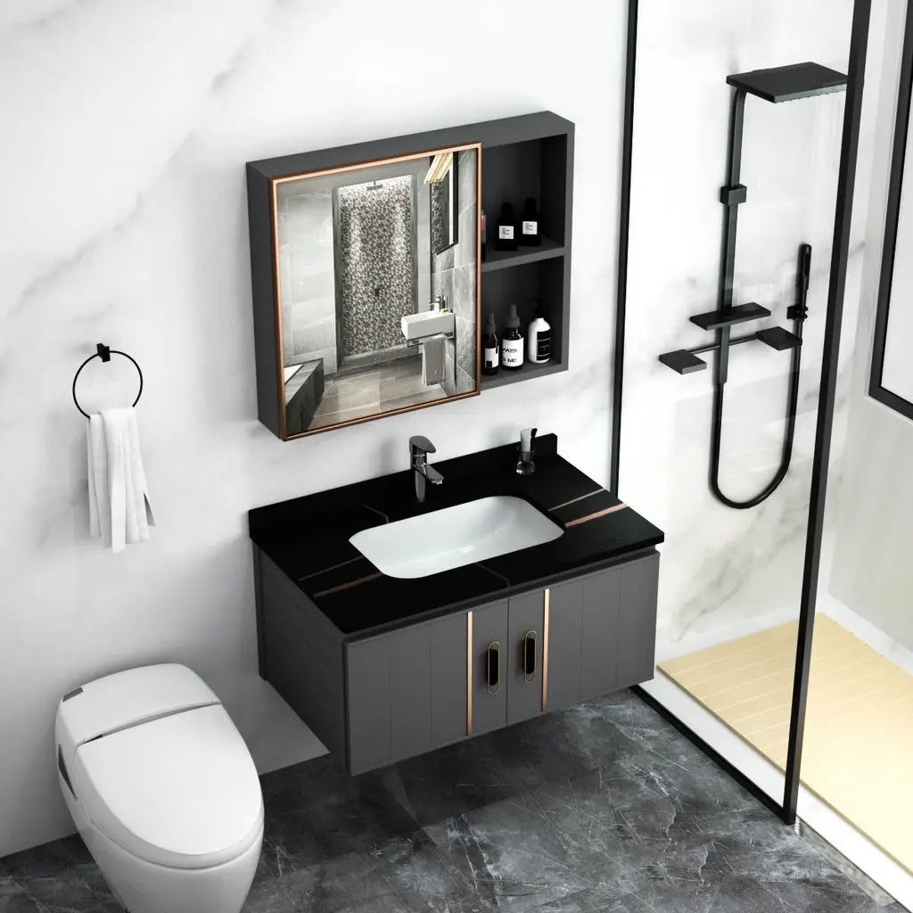 【SG-STOCK】Vanity cabinet Aluminum Bathroom Cabinet Basin Set Ceramic Sink with Mirror and Shelf Basin  Mirror Cabinet