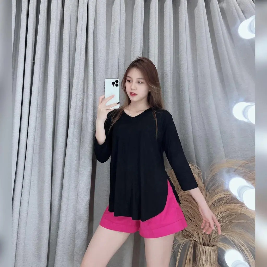 Kaos oversize lengan 7/8 / Kaos wanita / Kaos oversize slit Baju Lembut Melar Rayon Stretch Belah Samping
