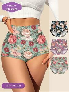 【 Talla grande 】 Calzoncillo con estampado completo, bragas informales cómodas y transpirables para uso diario, ropa interior de mujer para todas las estaciones