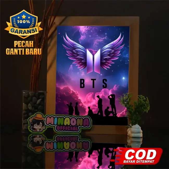 LAMPU HIAS BOX 3D - Hiasan Meja Minimalis Edisi BTS Aesthetic Full Set dengan nyala LED Bingkai Kayu lapisan Glossy yang halus Berkaca Akrilik - Bagus untuk Kado, Hadiah, Wedding, Ultah atau Kenangan - Edisi K-Pop BTS mahar pigura photobooth foto Merah