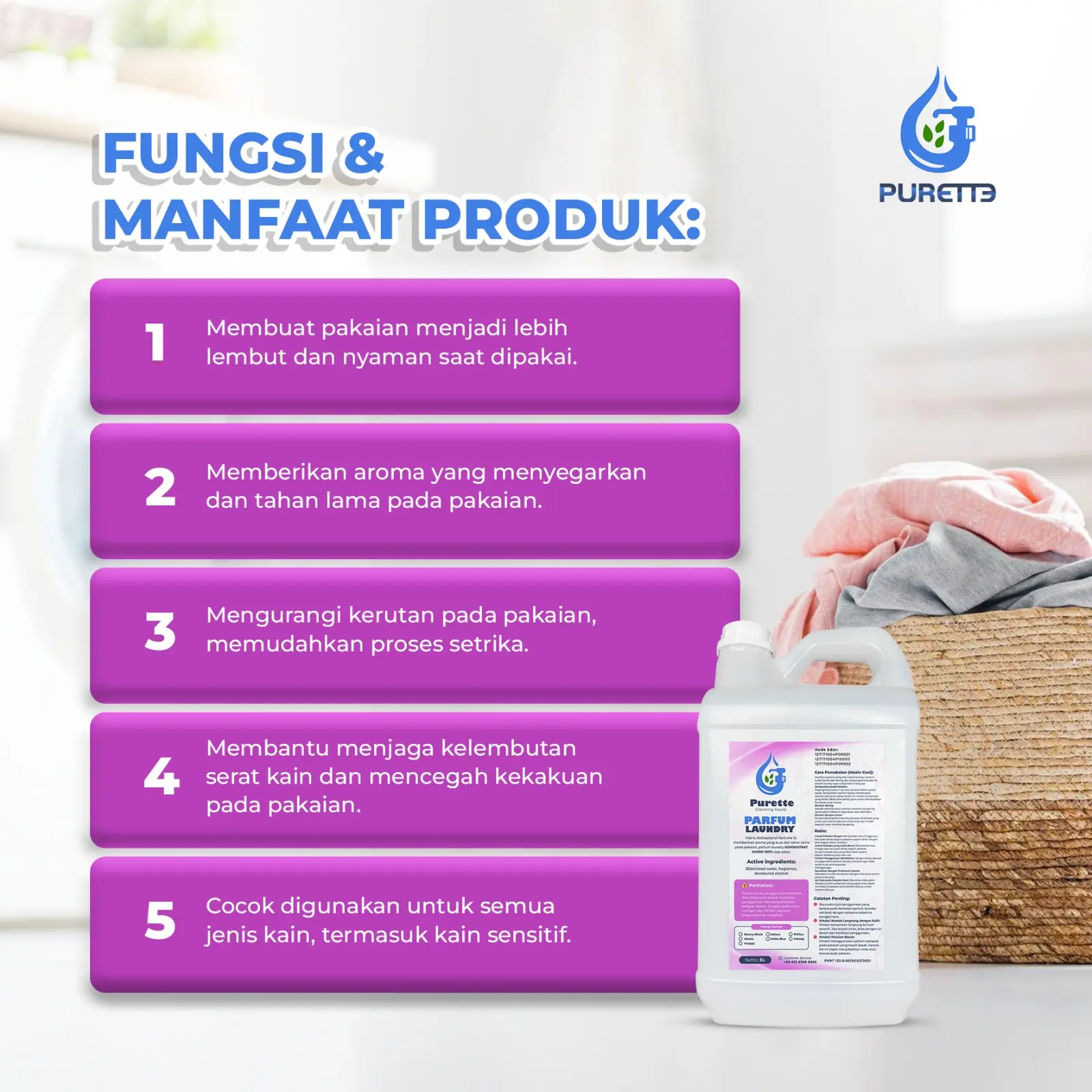 Purette Fluids Parfum Laundry Fabric Spray Antibacterial PREMIUM PURETTE 1000ml 1L ...