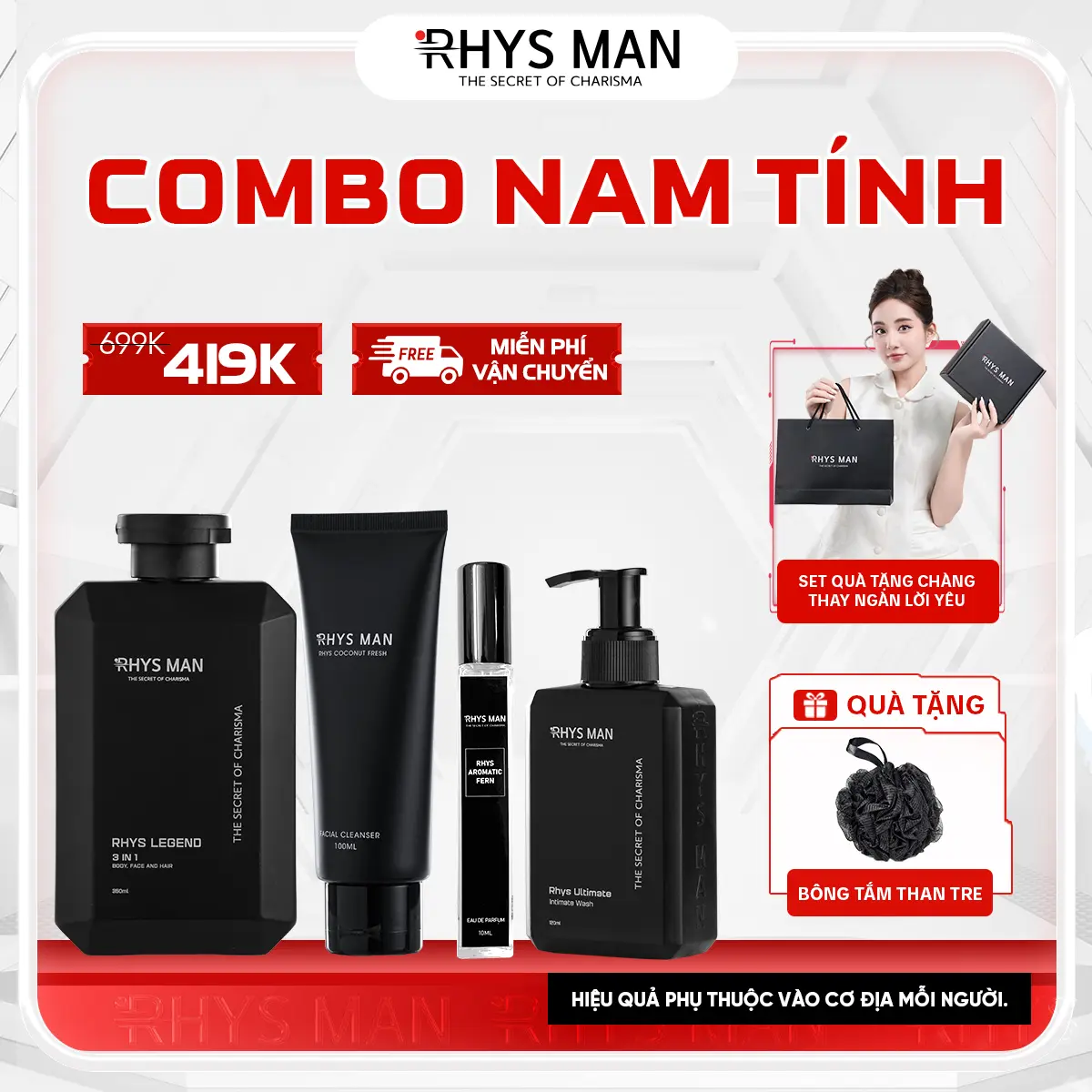 Combo Nam Tính dành cho nam giới RHYS MAN - Sữa tắm gội nam 3 in 1 350ml & Gel rửa mặt nam 100ml & Dung dịch vệ sinh nam 120ml & Nước hoa nam 10ml