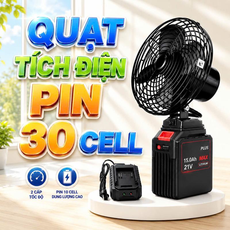 [ Quạt Không Xoay Pin 30cell ] Quạt Tích Điện Kèm Pin 30cell, Đầy Đủ Phụ Kiện Quạt + Pin + Sạc Nhanh, 2 Chế Độ Gió Siêu Mát Tiện Lợi.