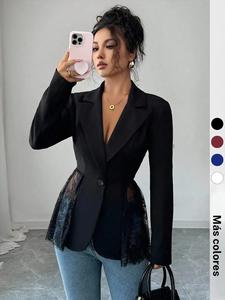 Blazer de mujer con patchwork de encaje, corte entallado y manga larga, diseño elegante de cintura alta, perfecto para ir a la oficina, citas y fiestas