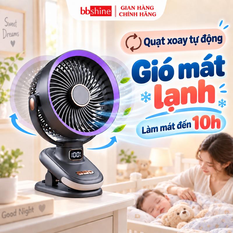 Quạt Tích Điện Mini Xoay 180 Độ 5 Mức Gió Có Hẹn Giờ Màn Hình Hiển Thị Pin BBShine - DT006