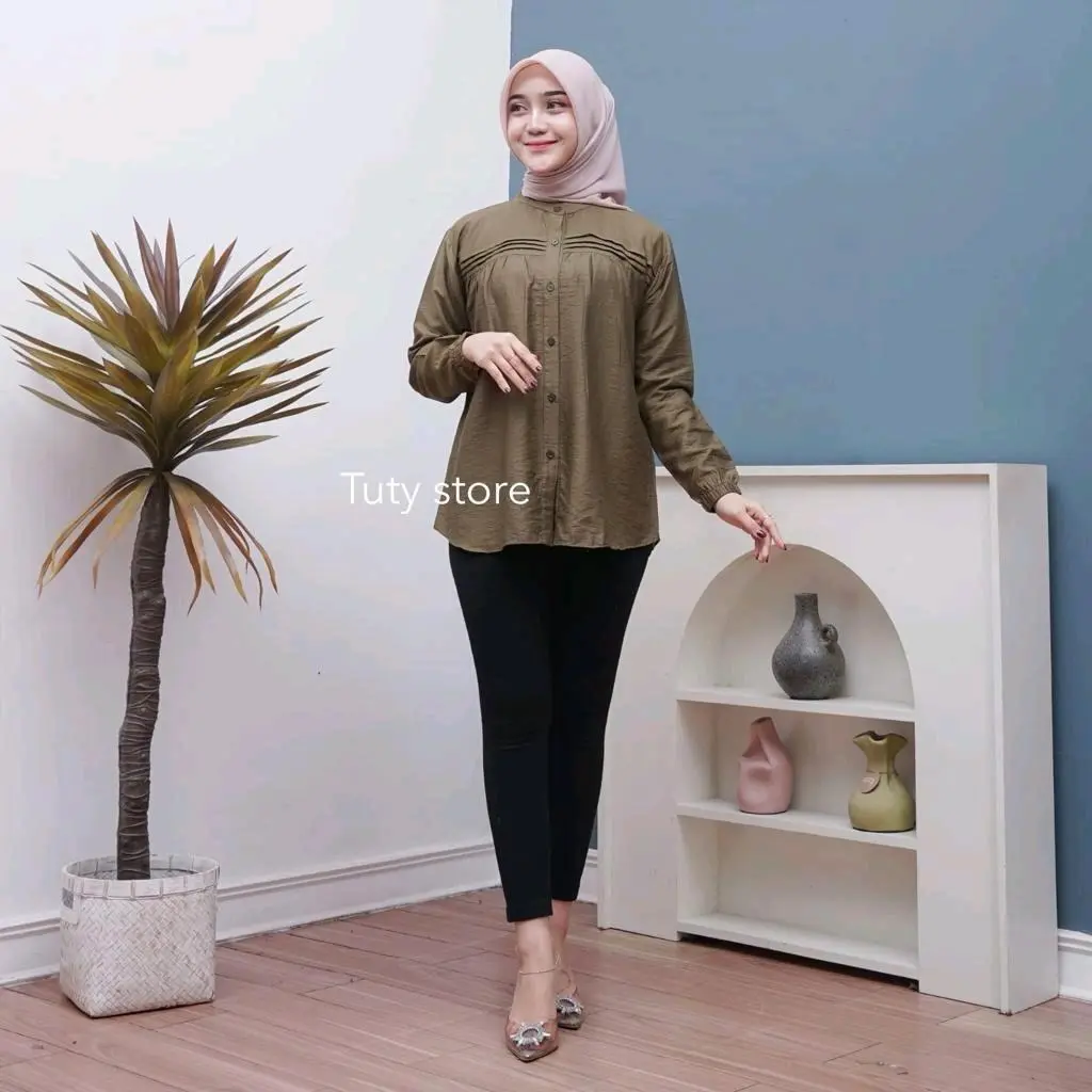 ARYANi BLOUSE POLO LINEN. Atasan Wanita Kancing Kerah