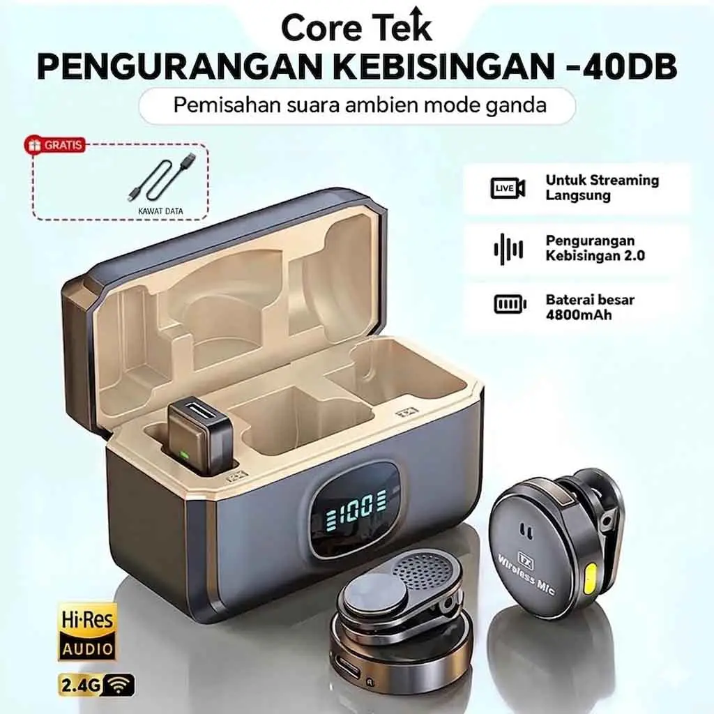 [2 Mic+Type-C] Q8 Wireless Microphone 2.4GHz Magnetik Suction Lavalier Mikrofon Peredam Bising Daya Tahan Baterai 40 Jam Plug and Play Clip on Mic With Charging Case For Video Recording Live Streaming - Q8-2 Mic(Type-C)