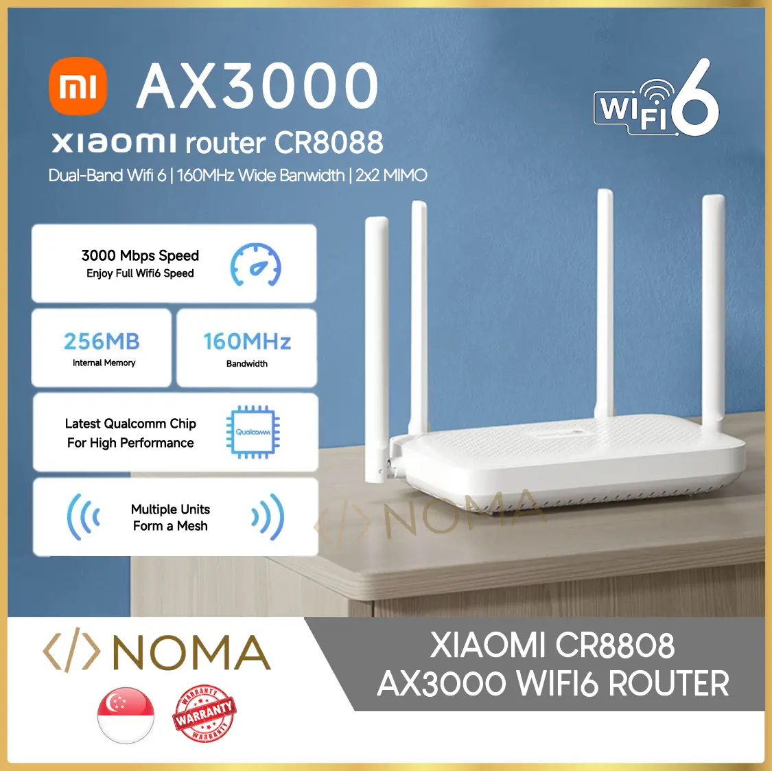 【SG】CR8088 AX3000 Wifi 6 Router Mesh Repeater | 256MB Qualcomm CPU 3000Mbps Speed | 2.4Ghz + 5Ghz 160MHz IPv6 WPA