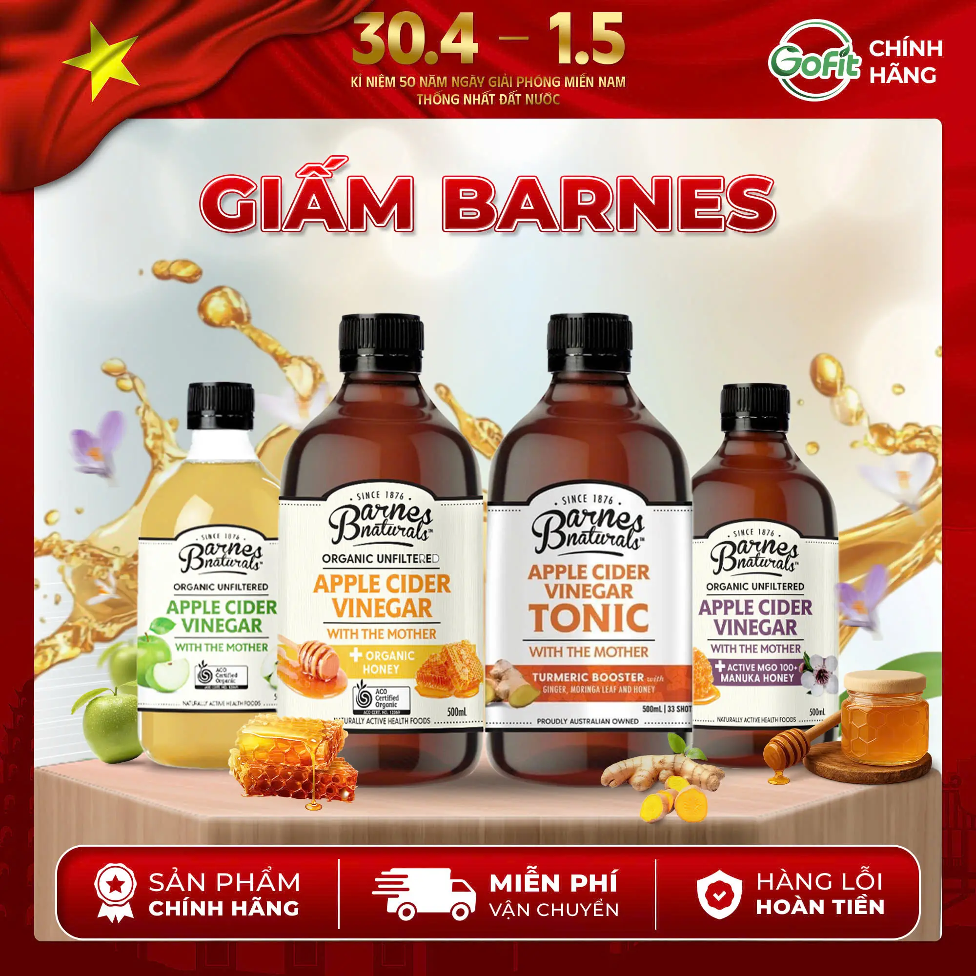 [BARNES] Giấm Táo/ Giấm Táo Mật Ong Hữu Cơ Barnes Naturals 500ml