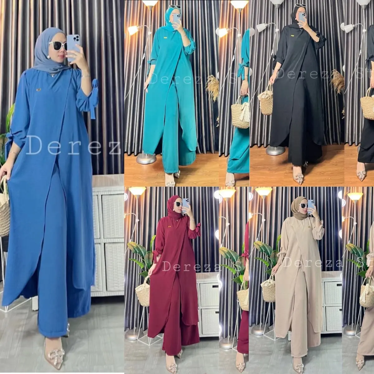 One set tunik dere - zaa style setelan baju dan celana cringkel air flow setelan polos two piece setelan wanita terbaru baju wanita Flare Sleeve Green