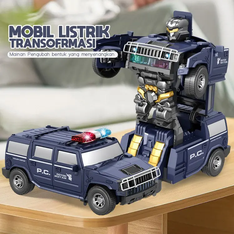 MINISTAR Mainan Anak Elektrik Mobil Police Transformasi Robot Akrobat 360° Dengan Sensor, Audio dan LED Mainan Anak