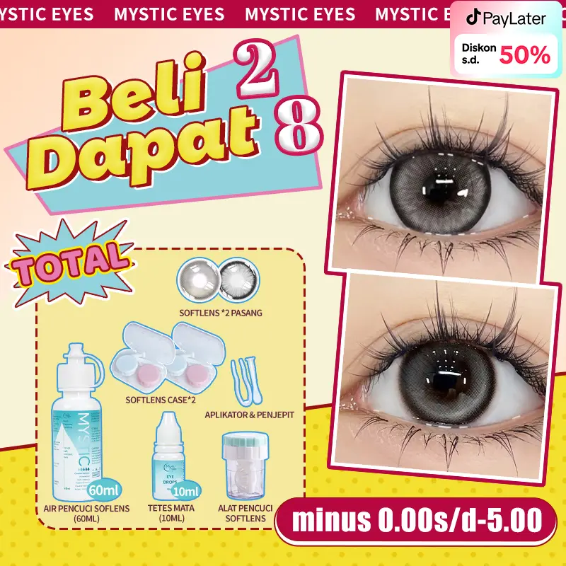 [Beli 2 Dapat 8] Mysticeyes Paket kombinasi (Minus0.00~5.00) Softlens :2 pasang Softlens + Air Pencuci Softlens 60ml + Tetes Mata 10ML + Alat Cuci Softlens+Aplikator +2 pcs travel  Lens case