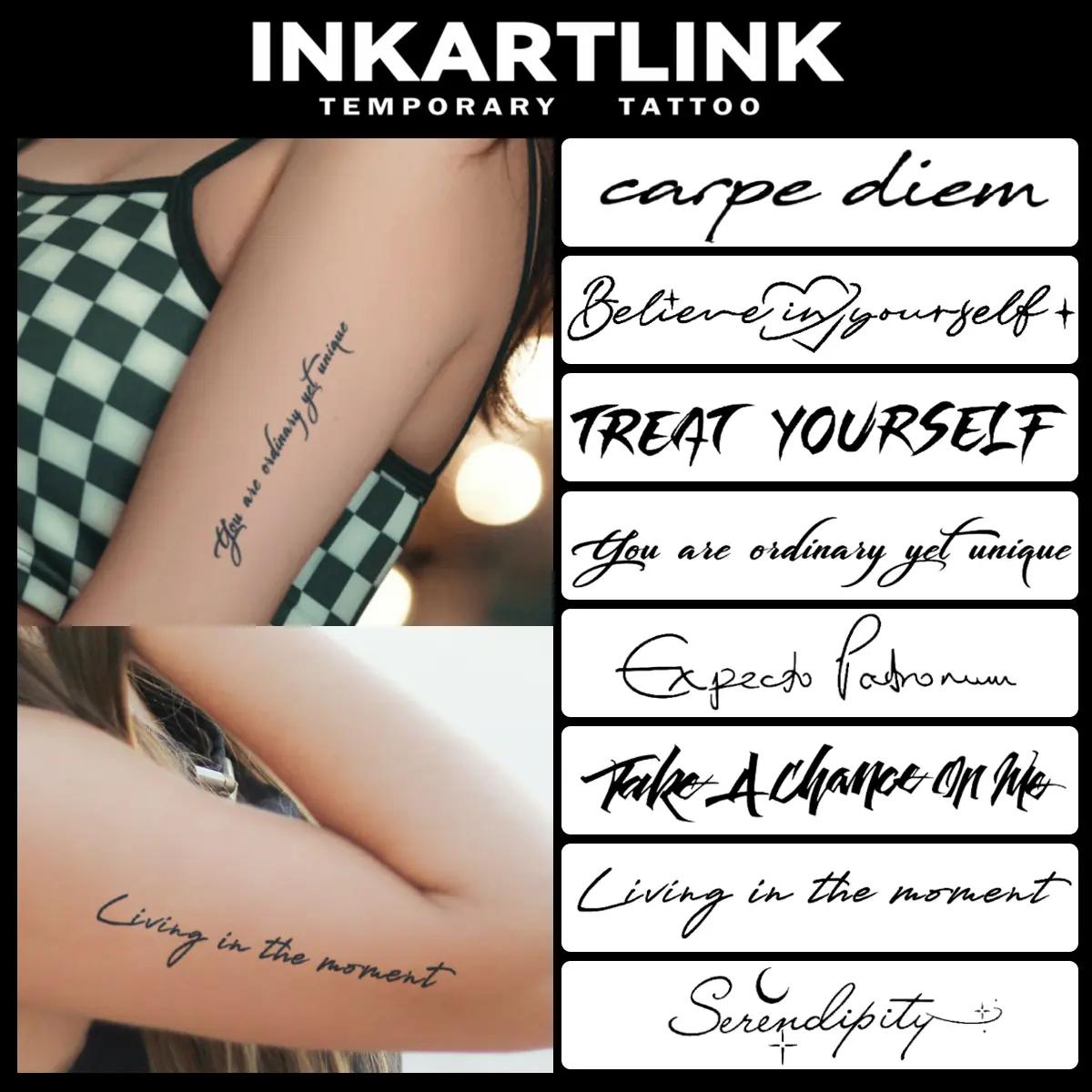 English emotional phrases, detailed design, temporary tattoo stickers