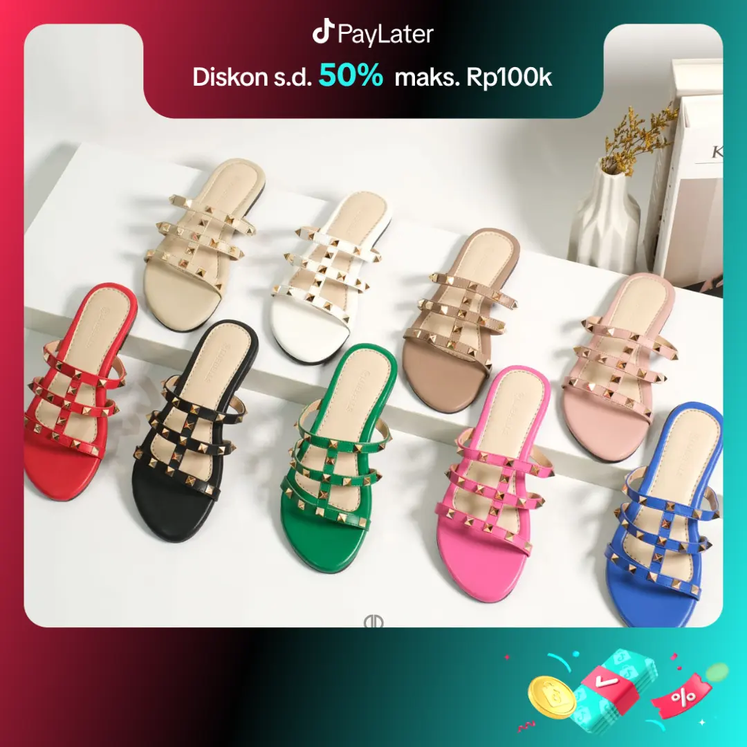 Bluebells FLO Sendal Flat Wanita Tali Mutiara Dengan Asesoris Gold Mewah Premium (Tersedia Size 36-44) Hitam Sandal Putih
