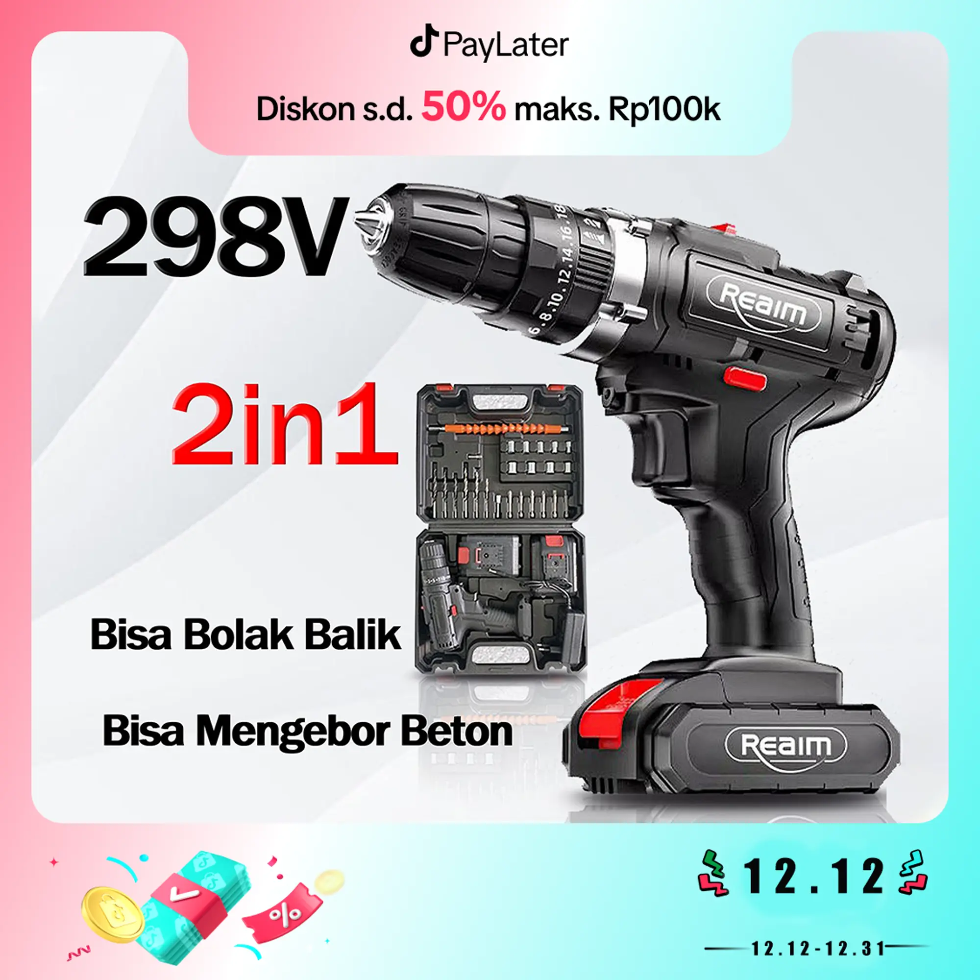 REAIM Bor listrik 2-in-1, kokoh dan tahan lama, untuk keperluan rumah dan industri, mudah digunakan, bor tanpa kabel baterai lithium, dapat mengebor dinding dan pelat baja, set obeng, bor tumbukan tanpa kabel, bor kayu dinding beton besi Torsi