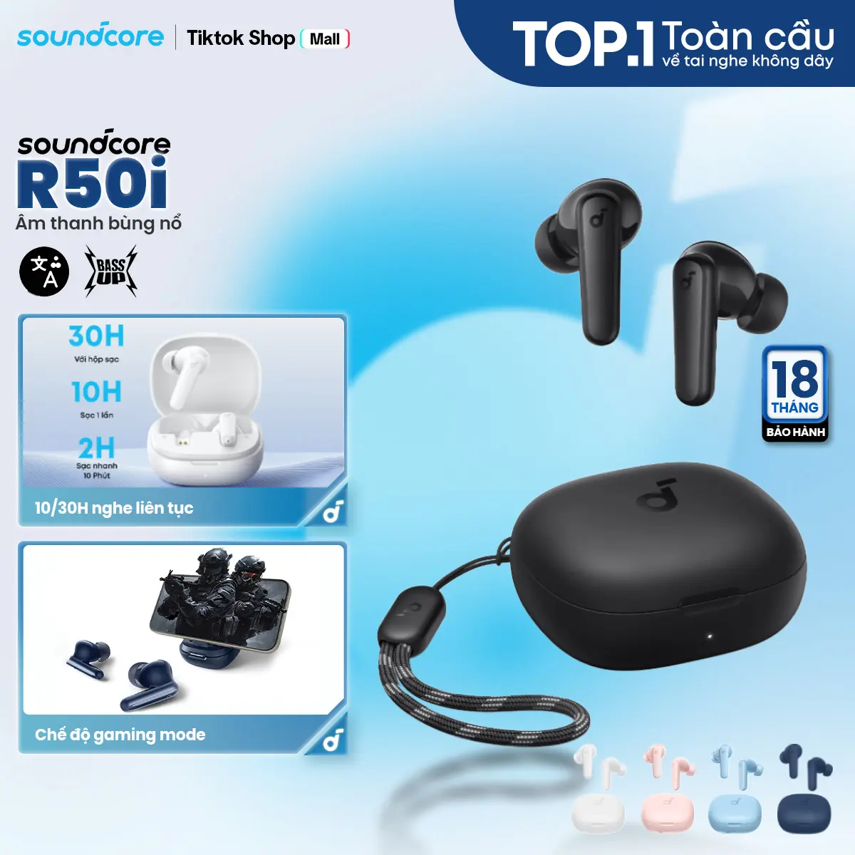 Tai nghe bluetooth Soundcore R50i (P20i) siêu nhỏ gọn | 30 giờ phát nhạc | Chống nước IPX5- Tai nghe không dây- Tai nghe bluetooth pin trâu-Bảo hành 18 tháng- Hàng chính hãng