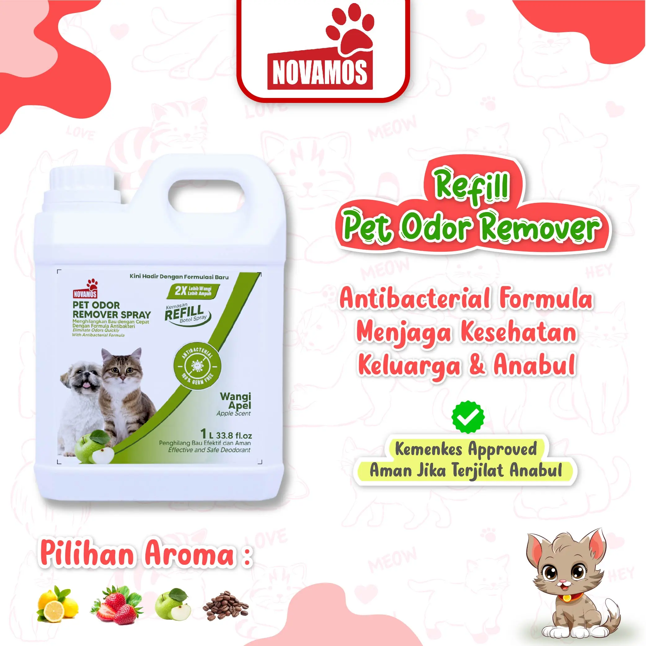 NOVAMOS REFILL Penghilang Bau Kotoran Kucing dan Anjing Terbaik ( Kemasan 1 Liter ) - Pet Odor Remover Refill Parfum Pewangi Pengharum Pasir Kucing Penghilang Bau Pesing Kandang Kucing - Novamos Pet Care semprot multipak