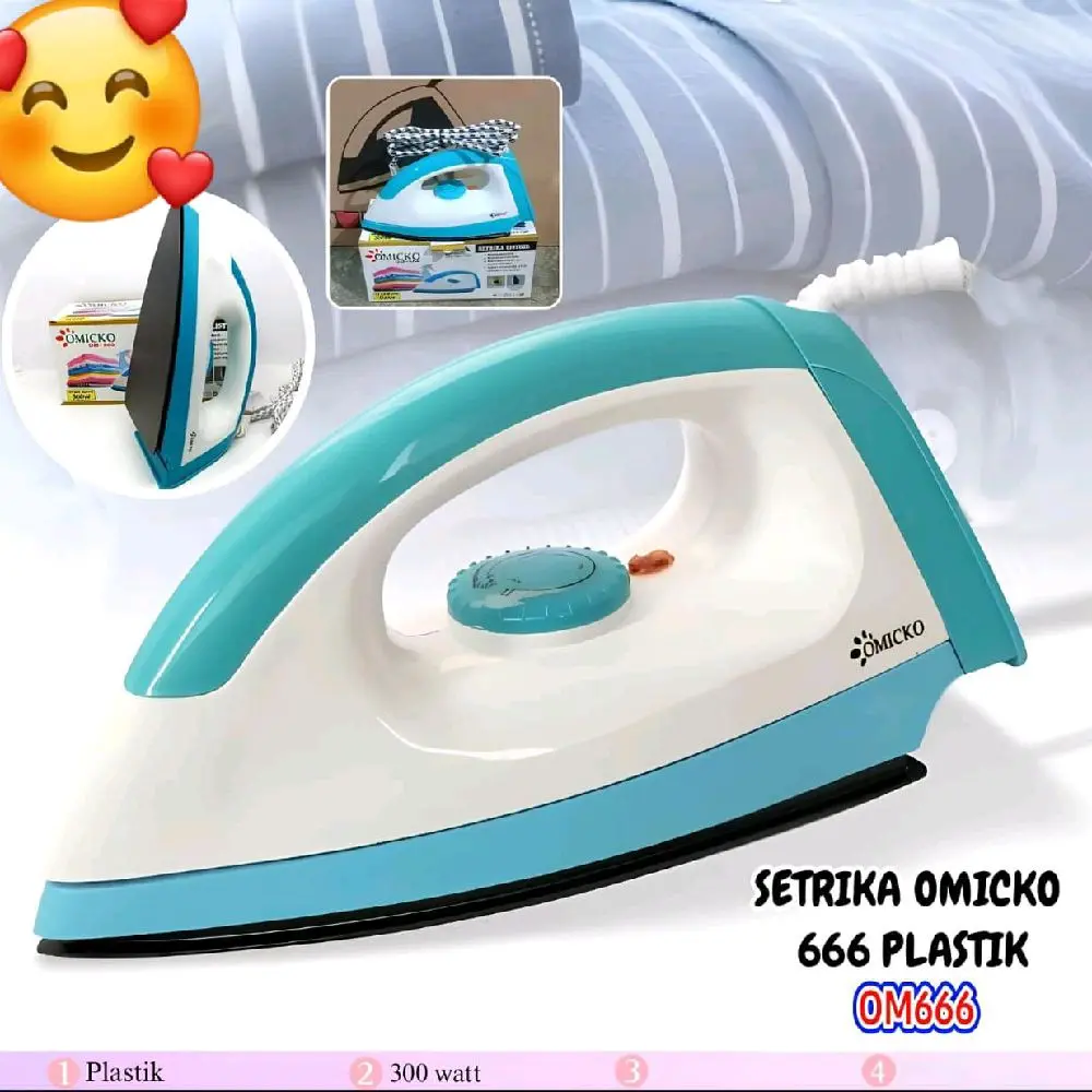 OMICKO Setrika OM666 Plastik 300 Watt dengan Desain Ergonomis dan Kualitas Terbaik untuk Keperluan Rumah Tangga