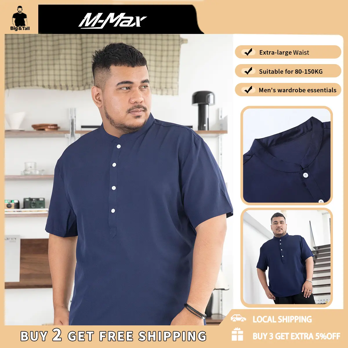 Designed for plus size men style apricot open collar shirt C012 Local Stock